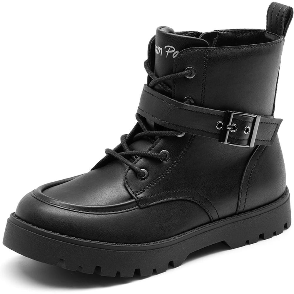 image:imageDREAM PAIRS Boys Girls Ankle Boots Laceup with Buckle Strap Combat boot for ToddlerLittle KidBig KidsBlack