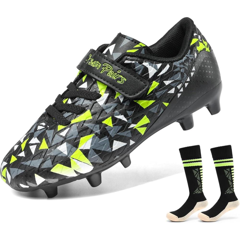 image:imageDREAM PAIRS Boys Girls Soccer Cleats Kids Firm Ground Football Shoes for LittleBig Kid with Soccer SocksBlackNeon Green