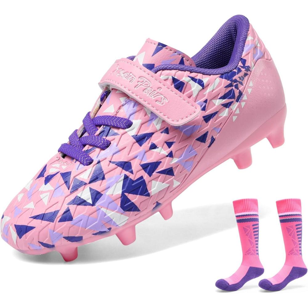 image:imageDREAM PAIRS Boys Girls Soccer Cleats Kids Firm Ground Football Shoes for LittleBig Kid with Soccer SocksPinkPurple