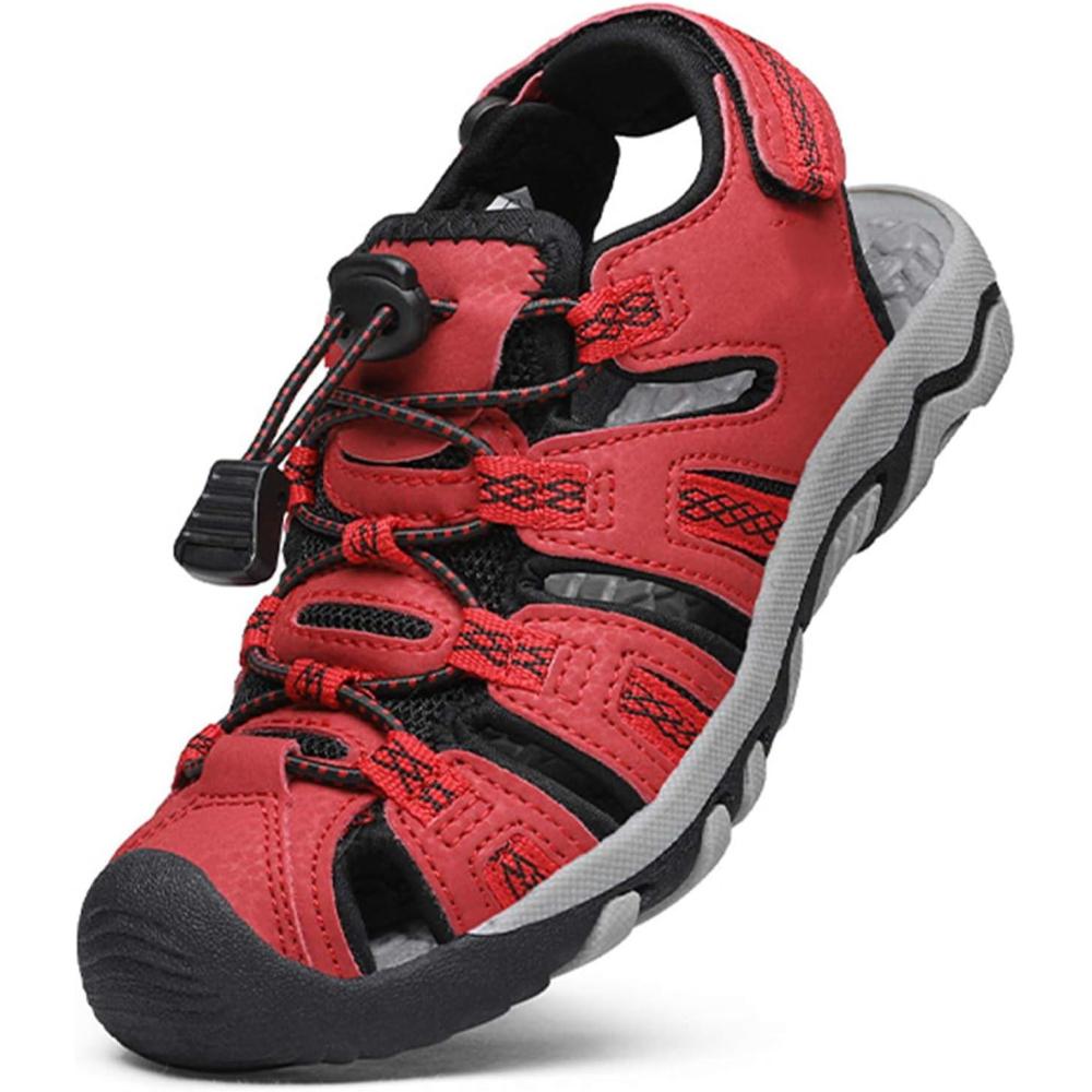 image:imageDREAM PAIRS Boys Girls Summer Outdoor Athletic Sport Sandals Walking Hiking Hook and Loop Adjustable Multicolor for ToddlerLittleBig KidsRedBlackGrey