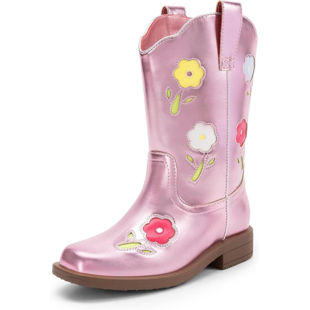 image:imageDREAM PAIRS Girls Cowboy Cowgirl Boots Floral Embroidered Western Square Toe Mid Calf Toddler Little Big Kid for Birthday Party ConcertPink