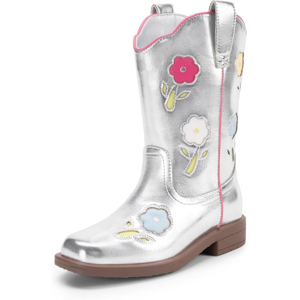 image:imageDREAM PAIRS Girls Cowboy Cowgirl Boots Floral Embroidered Western Square Toe Mid Calf Toddler Little Big Kid for Birthday Party ConcertSilver
