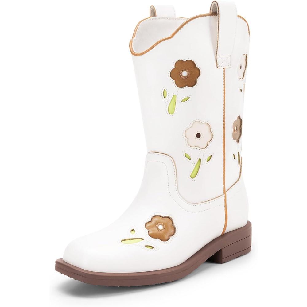 image:imageDREAM PAIRS Girls Cowboy Cowgirl Boots Floral Embroidered Western Square Toe Mid Calf Toddler Little Big Kid for Birthday Party ConcertWhite