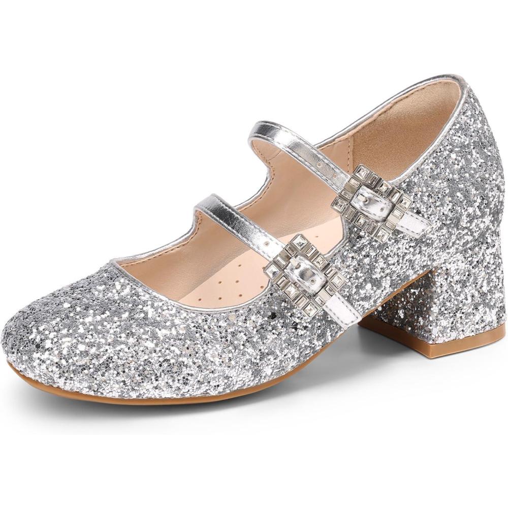 image:imageDREAM PAIRS Girls Dress Shoes Mary Jane Double Straps High Heel Easter Wedding Party Church Princess Communion Pumps for LittleBig KidsSilver