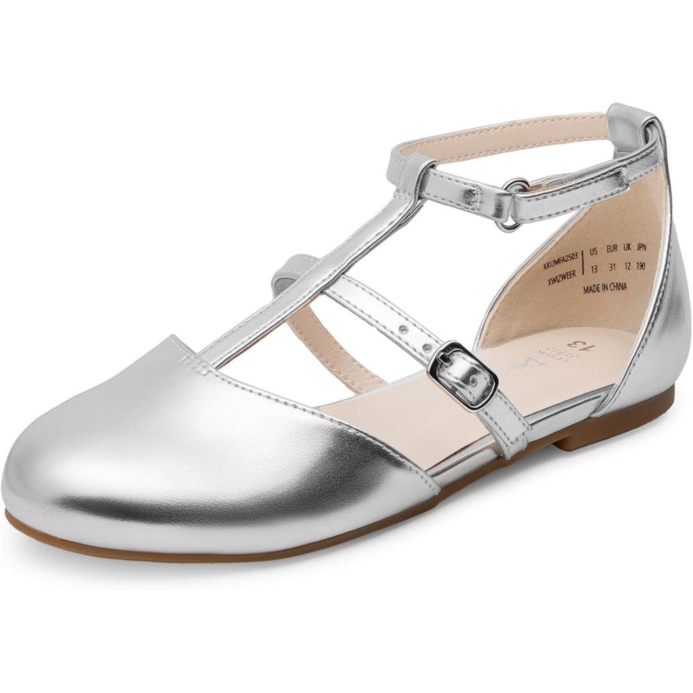 image:imageDREAM PAIRS Girls Dress Shoes Mary Jane Flats for Little Girls Party Shoes with T StrapSilver