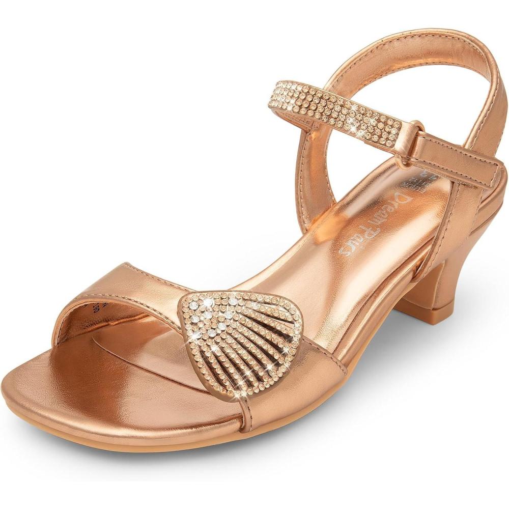 image:imageDREAM PAIRS Girls Sandals Ankle Strap Square Toe Low Heel Crystal Shell Wedding Party Flower Dress Shoes for Little KidsBig KidsChampagnerhinestone