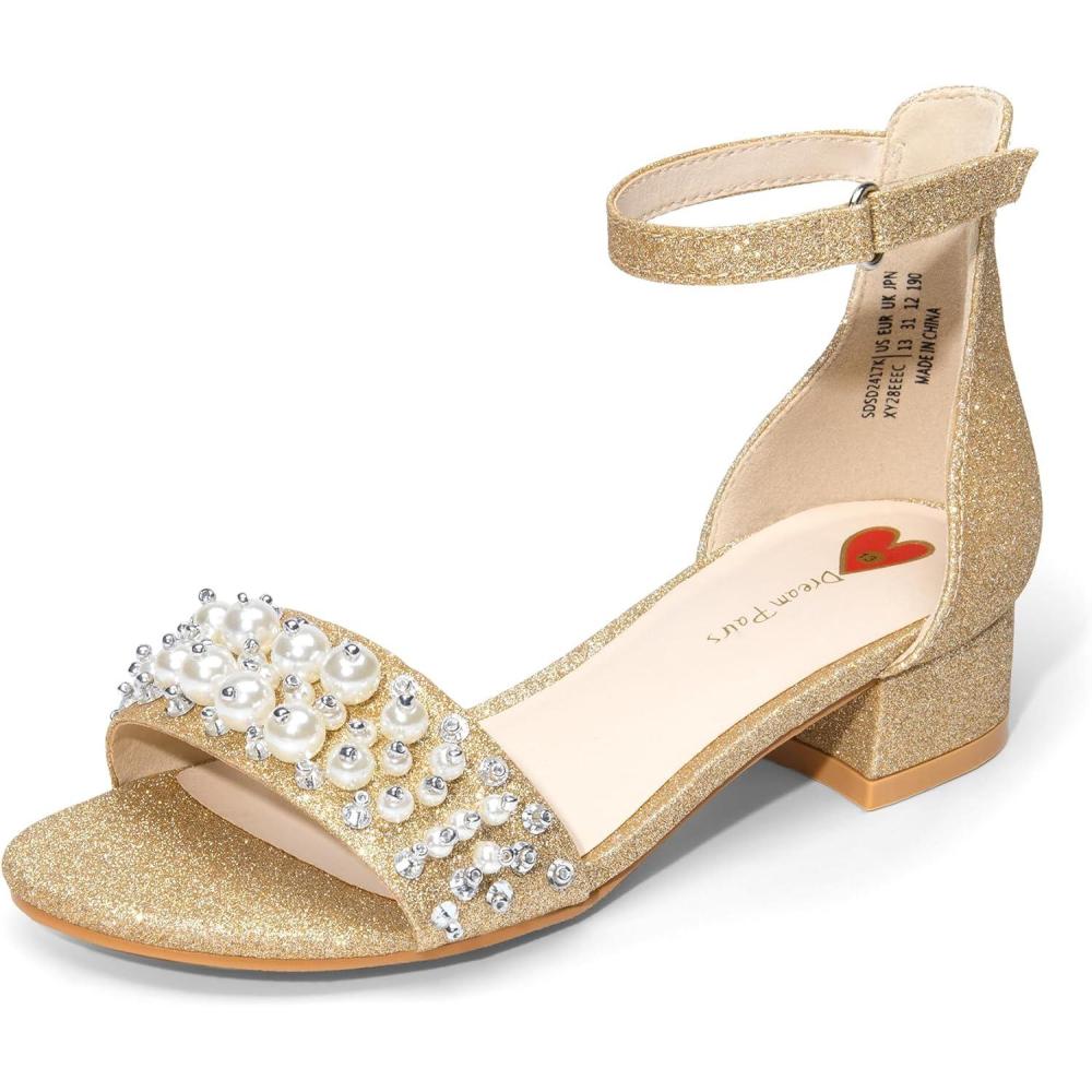 image:imageDREAM PAIRS Girls Sandals Low Heel Pump Ankle Strap Pearl Dress Flower Wedding Party Shoes for Little KidBig Kid