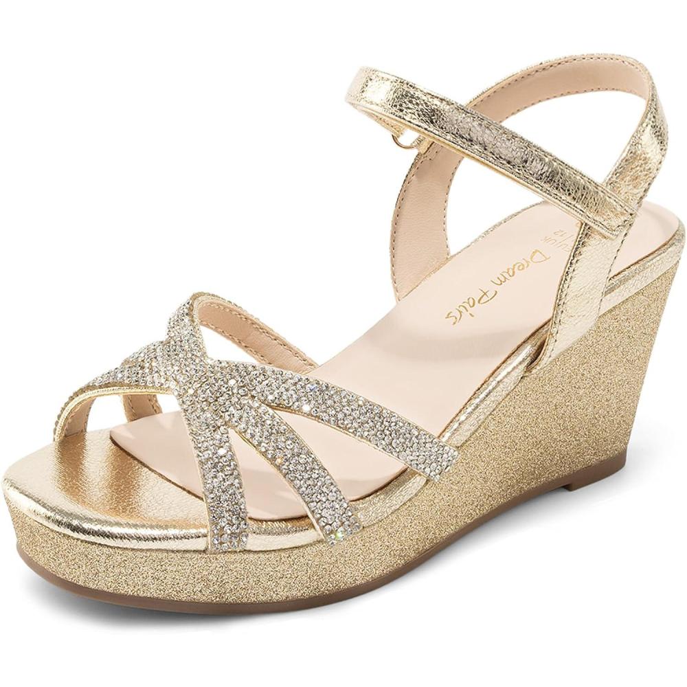 image:imageDREAM PAIRS Girls Wedge Sandals Flatform Open Toe Summer Platform Sandals Flower Wedding Party for Little KidBig KidAll Gold