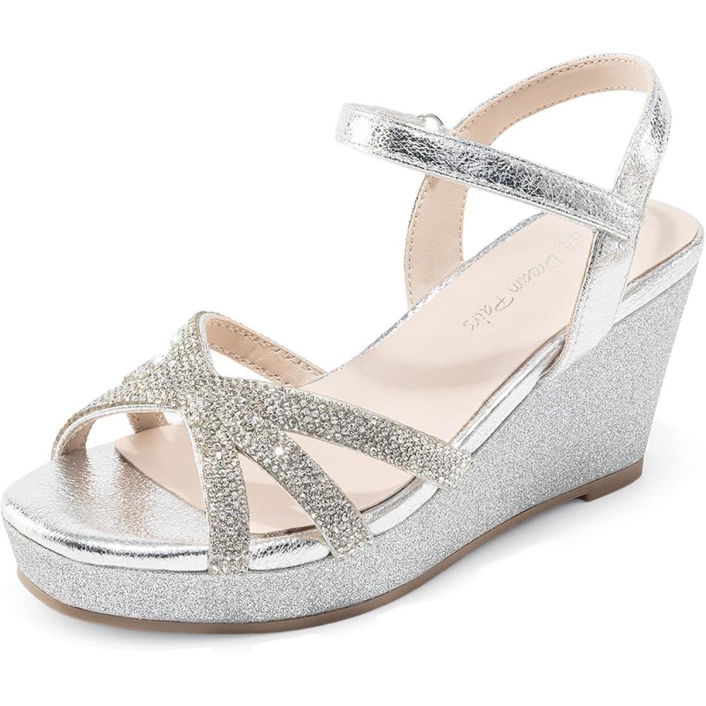 image:imageDREAM PAIRS Girls Wedge Sandals Flatform Open Toe Summer Platform Sandals Flower Wedding Party for Little KidBig KidAll Silver