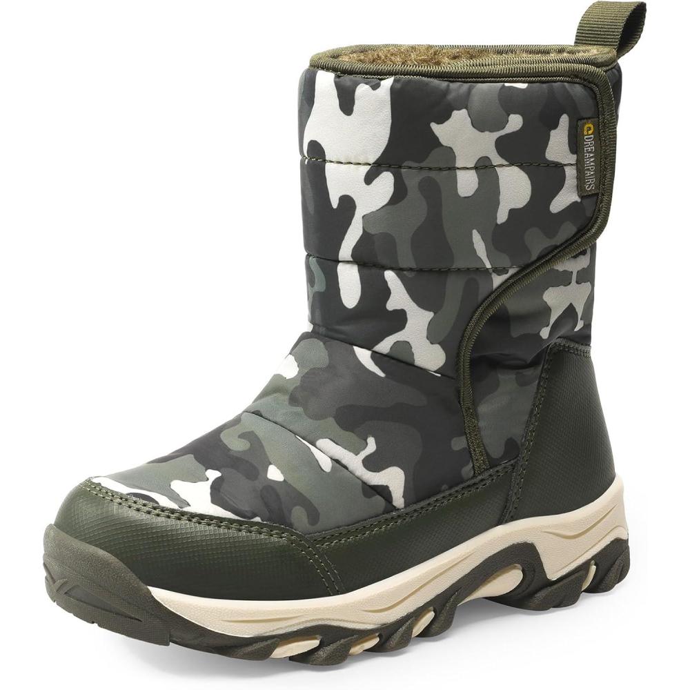 image:imageDREAM PAIRS Kids Waterproof Snow Boots with Hook and Loop Mid Calf Faux Fur Lining Winter BootsCamoGreen
