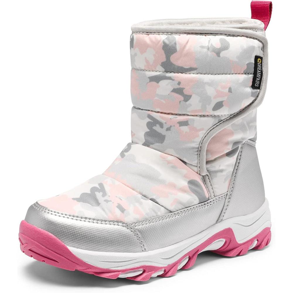 image:imageDREAM PAIRS Kids Waterproof Snow Boots with Hook and Loop Mid Calf Faux Fur Lining Winter BootsGrayWhiteRed