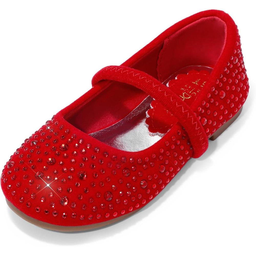 image:imageDREAM PAIRS Toddler Girls Dress Shoes Mary Jane Ballet Flats Flower Girl Shoes with Rhinestone Slipon Toddler Mary Jane FlatsRedSuede