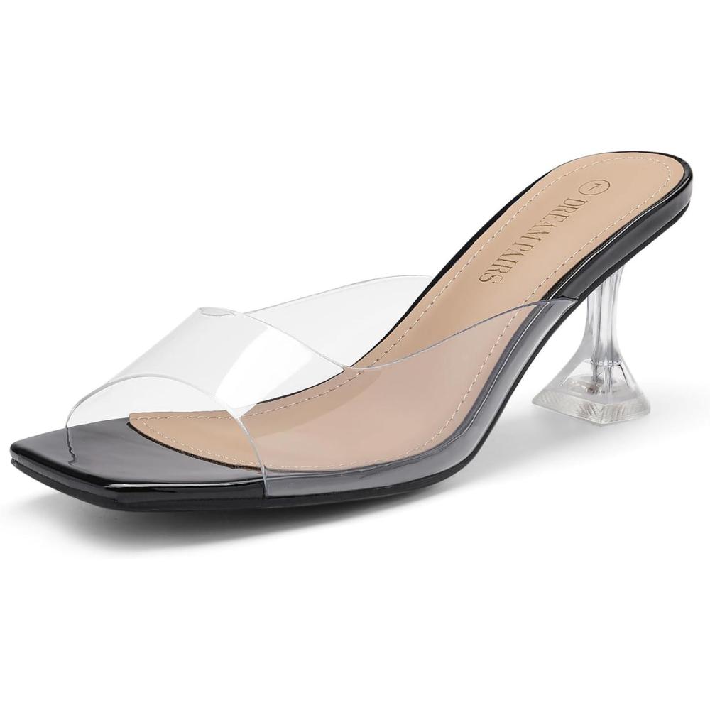image:imageDREAM PAIRS Womens Clear Heeled Sandals Square Toe Transparent Stiletto Mules Slip on Wedding Dress ShoesBlackClear