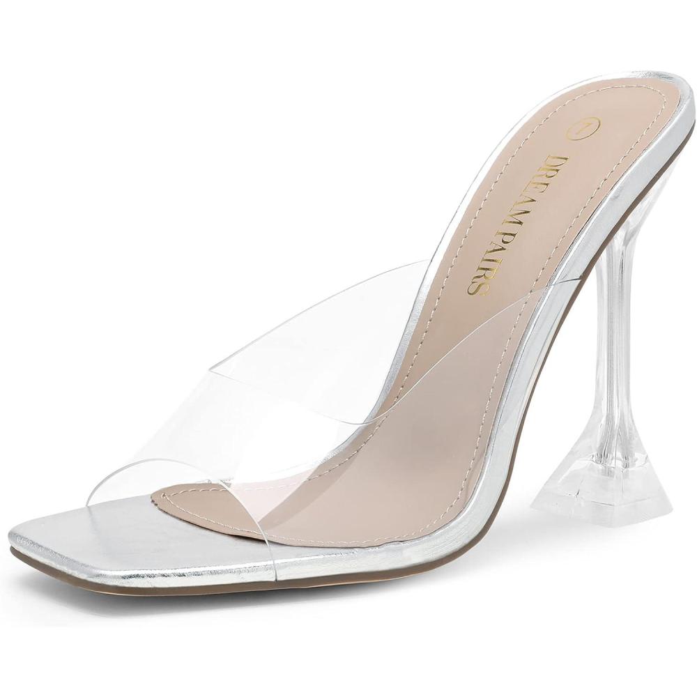 image:imageDREAM PAIRS Womens Clear Heeled Sandals Square Toe Transparent Stiletto Mules Slip on Wedding Dress ShoesSliver Clear