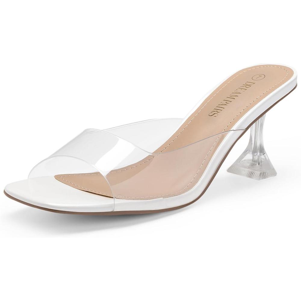 image:imageDREAM PAIRS Womens Clear Heeled Sandals Square Toe Transparent Stiletto Mules Slip on Wedding Dress ShoesWhiteClear