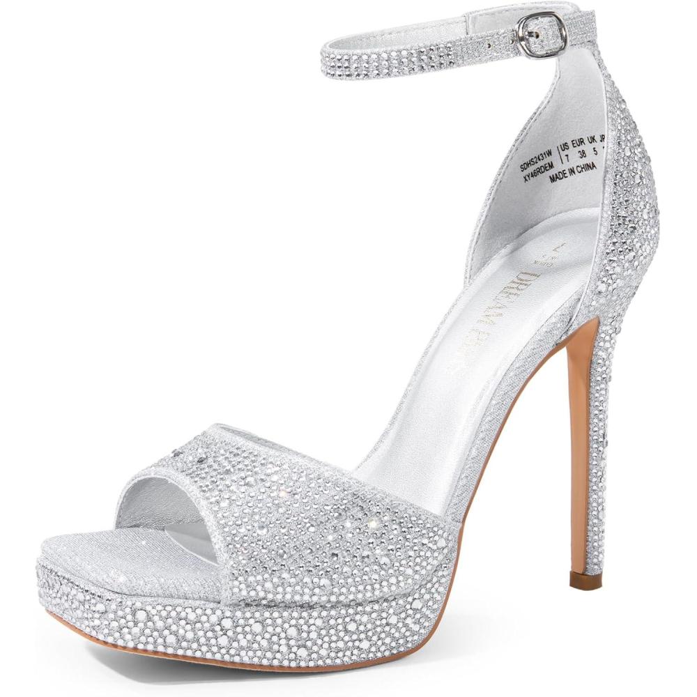 image:imageDREAM PAIRS Womens Stiletto High Heels Platform Ankle Strap Square Open Toe Dress Sexy SandalsSilverrhinestone