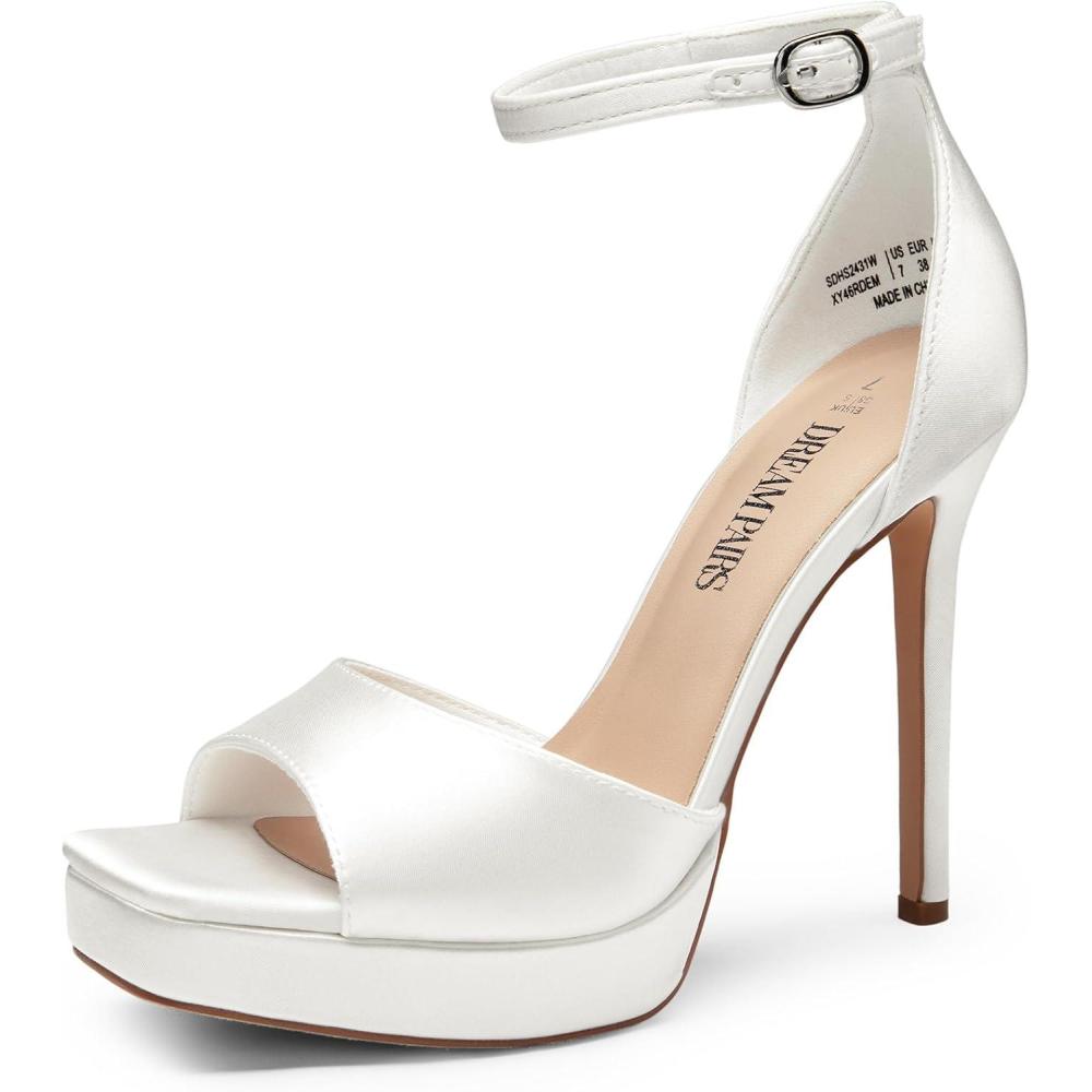 image:imageDREAM PAIRS Womens Stiletto High Heels Platform Ankle Strap Square Open Toe Dress Sexy SandalsWhitesatin