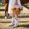 DREAM PAIRS Girls Cowboy Cowgirl Boots Floral Embroidered Western Square Toe Mid Calf Toddler Little Big Kid for Birthday Party Concert(Silver)