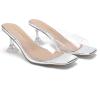 DREAM PAIRS Women’s Clear Heeled Sandals Square Toe Transparent Stiletto Mules Slip on Wedding Dress Shoes(Silver/Clear)