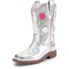 DREAM PAIRS Girls Cowboy Cowgirl Boots Floral Embroidered Western Square Toe Mid Calf Toddler Little Big Kid for Birthday Party Concert(Silver)