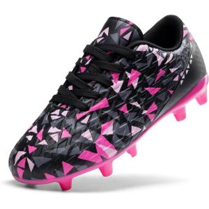 DREAM PAIRS Boys Girls Soccer Cleats Youth Firm Groud Athletic Outdoor Trainning Football Shoes for Little/Big Kid(Black/Hot Pink)