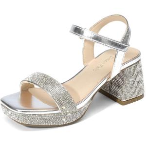 DREAM PAIRS Girls Sandals Open Toe Low Block Chunky Heels Sandals Party Dress Pumps Shoes for Little Big Kid(All Silver Metalic)