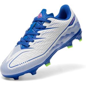 DREAM PAIRS Kids Multi Ground Soccer Cleats with High-Speed Anti-Twist TPU Plate Athletic Football Shoes for Little/Big Kids(White/Blue)