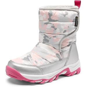 DREAM PAIRS Kids’ Waterproof Snow Boots with Hook and Loop Mid Calf Faux Fur Lining Winter Boots(Gray/White/Red)