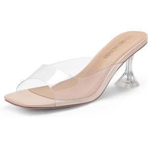 DREAM PAIRS Women’s Clear Heeled Sandals Square Toe Transparent Stiletto Mules Slip on Wedding Dress Shoes(Nude/Clear)