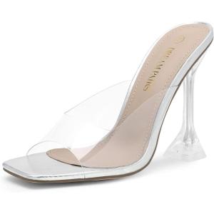 DREAM PAIRS Women’s Clear Heeled Sandals Square Toe Transparent Stiletto Mules Slip on Wedding Dress Shoes(Sliver Clear)