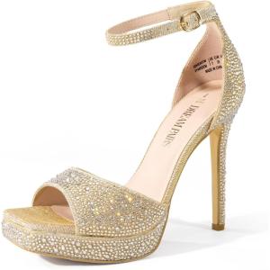 DREAM PAIRS Women’s Stiletto High Heels Platform Ankle Strap Square Open Toe Dress Sexy Sandals(Gold-rhinestone)