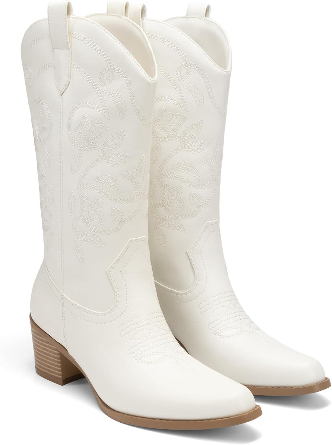 image:imageDREAM PAIRS Cowboy Boots for Women Cowgirl Western Boots Fashion Embroidery Stitched Chunky Heel Mid Calf BootsAll White