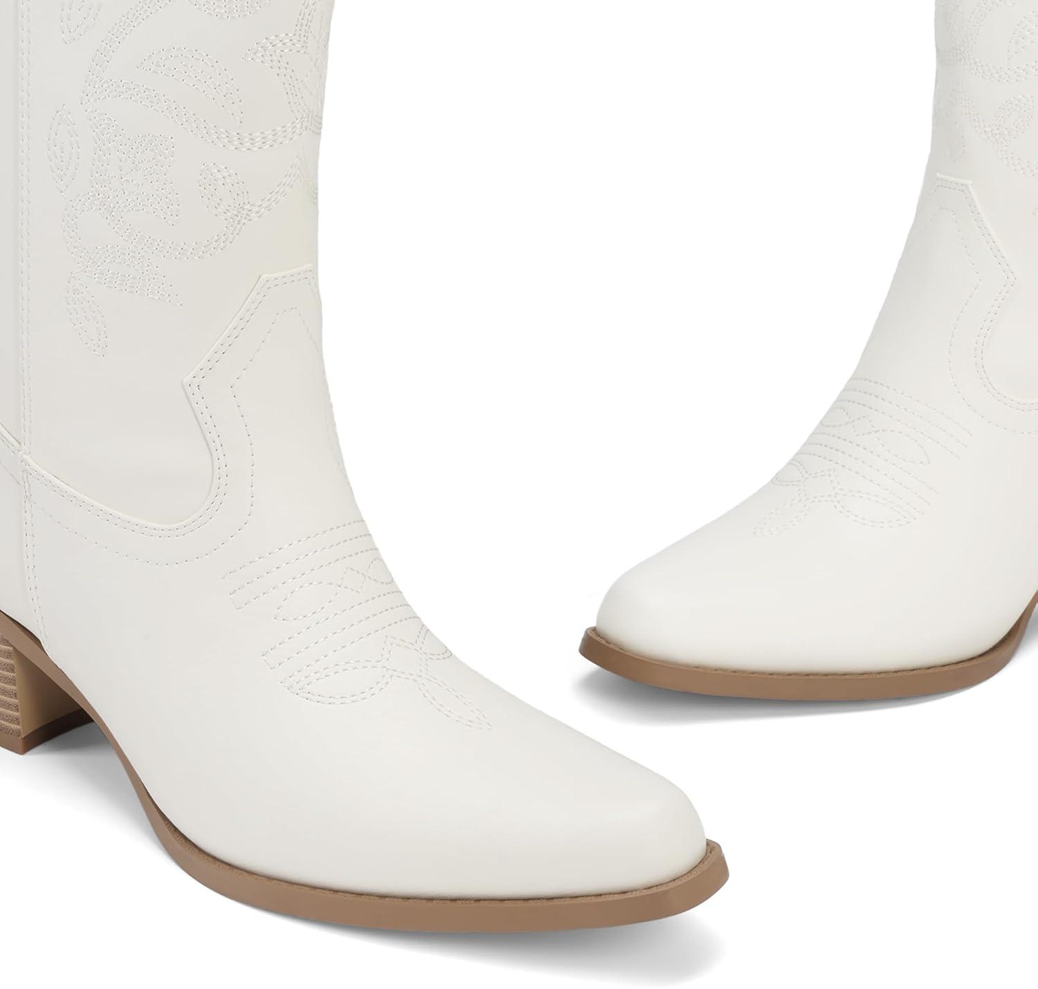 image:imageDREAM PAIRS Cowboy Boots for Women Cowgirl Western Boots Fashion Embroidery Stitched Chunky Heel Mid Calf BootsAll White