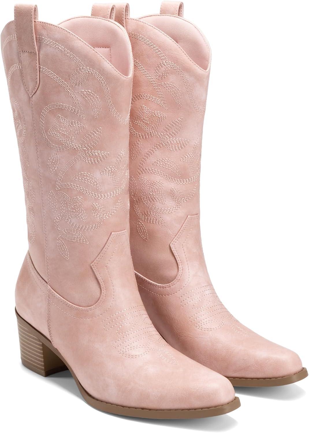 image:imageDREAM PAIRS Cowboy Boots for Women Cowgirl Western Boots Fashion Embroidery Stitched Chunky Heel Mid Calf BootsLight Pink