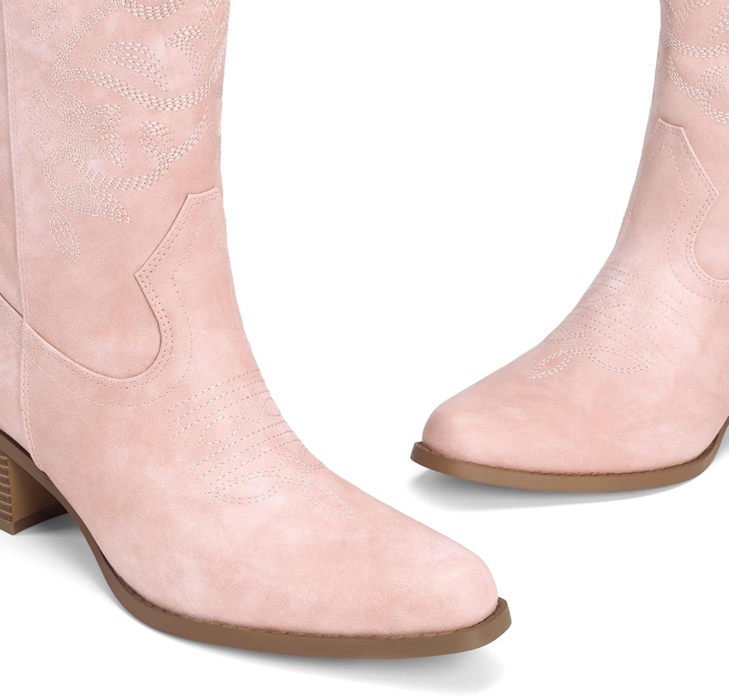 image:imageDREAM PAIRS Cowboy Boots for Women Cowgirl Western Boots Fashion Embroidery Stitched Chunky Heel Mid Calf BootsLight Pink