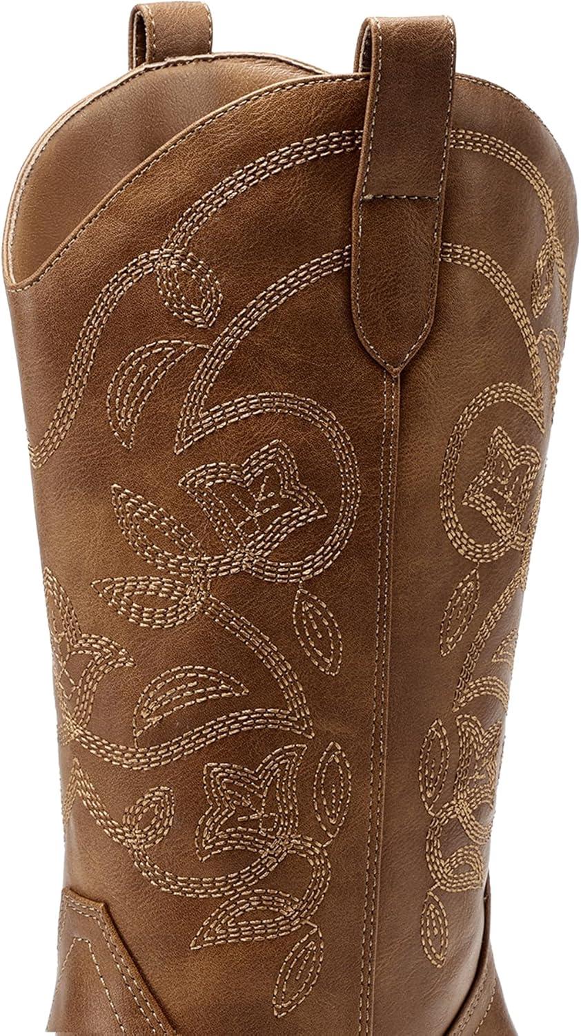 image:imageDREAM PAIRS Cowboy Boots for Women Cowgirl Western Boots Fashion Embroidery Stitched Chunky Heel Mid Calf BootsTan