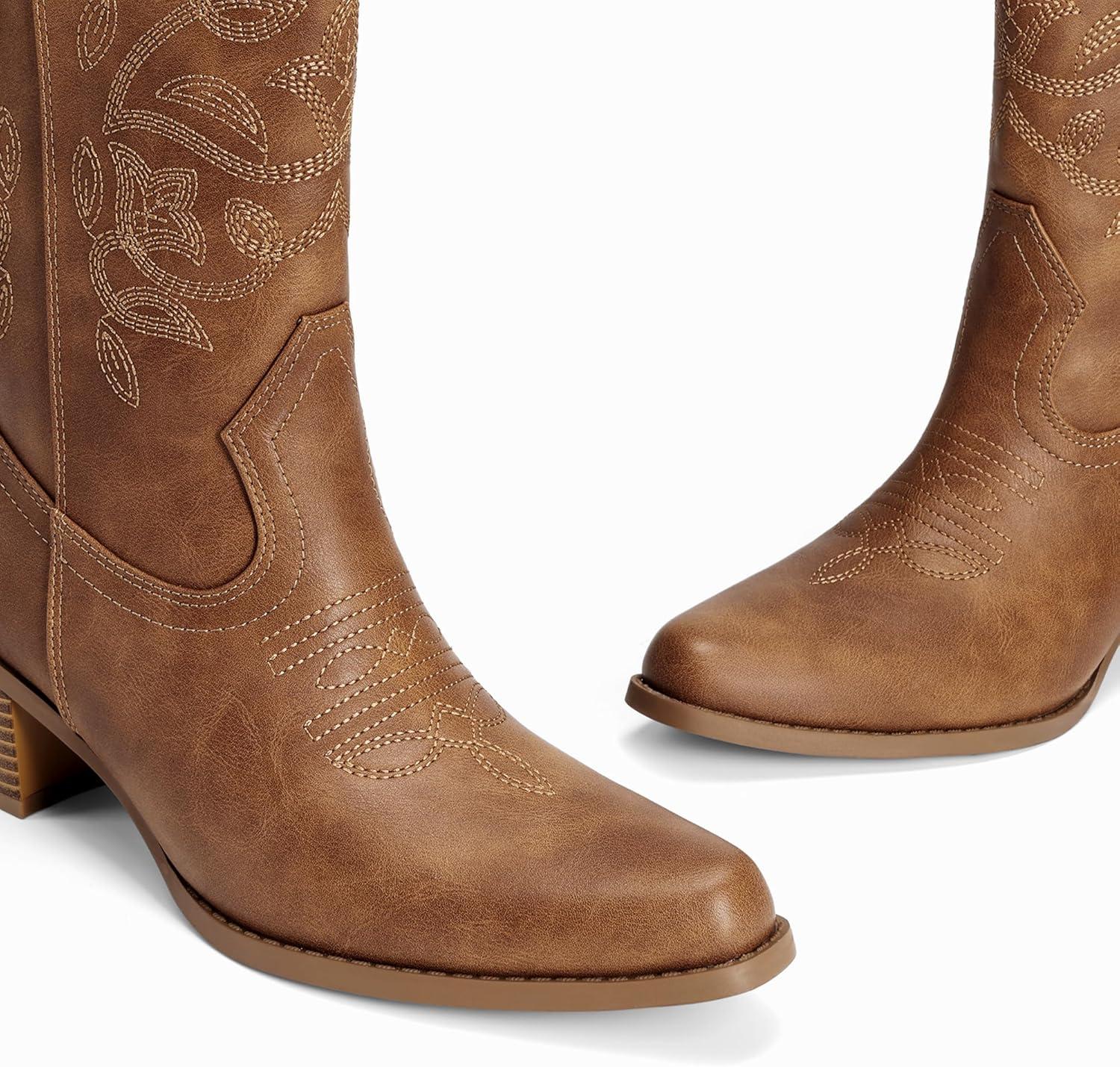 image:imageDREAM PAIRS Cowboy Boots for Women Cowgirl Western Boots Fashion Embroidery Stitched Chunky Heel Mid Calf BootsTan