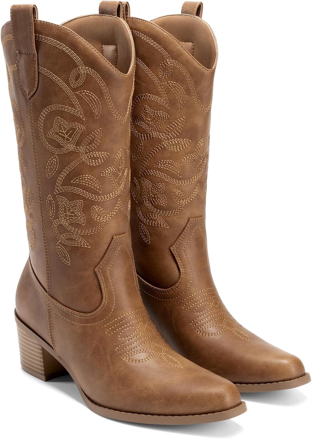 image:imageDREAM PAIRS Cowboy Boots for Women Cowgirl Western Boots Fashion Embroidery Stitched Chunky Heel Mid Calf BootsTan