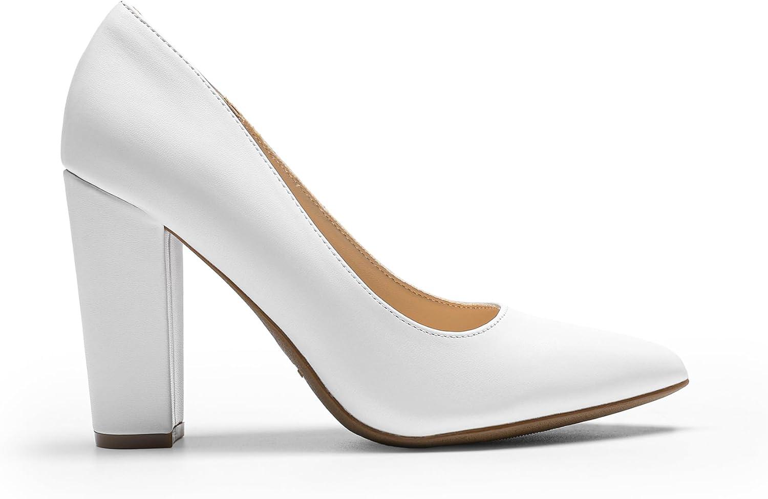 image:imageDREAM PAIRS Womens High Chunky Block Heels Closed Pointed Toe Slip on Women Pumps Wedding Party Work Comfortable Dress Shoes for WomenWhite