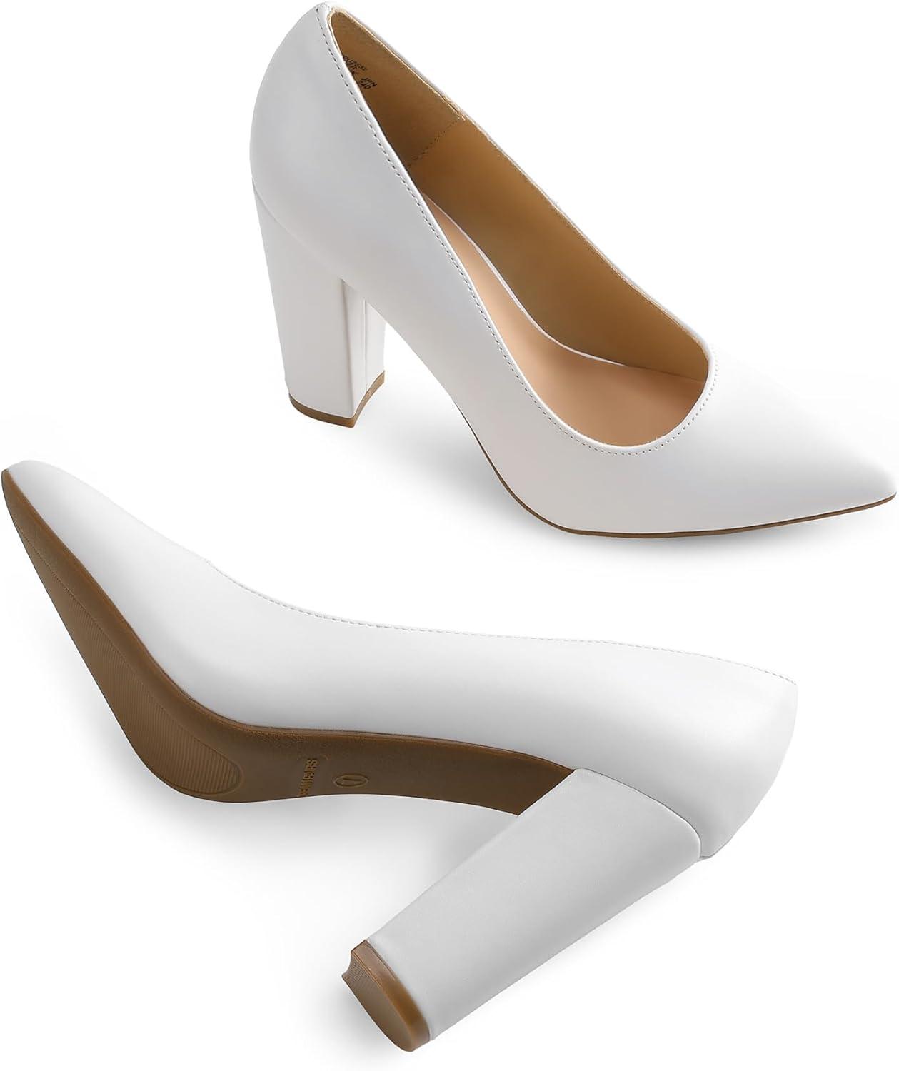 image:imageDREAM PAIRS Womens High Chunky Block Heels Closed Pointed Toe Slip on Women Pumps Wedding Party Work Comfortable Dress Shoes for WomenWhite