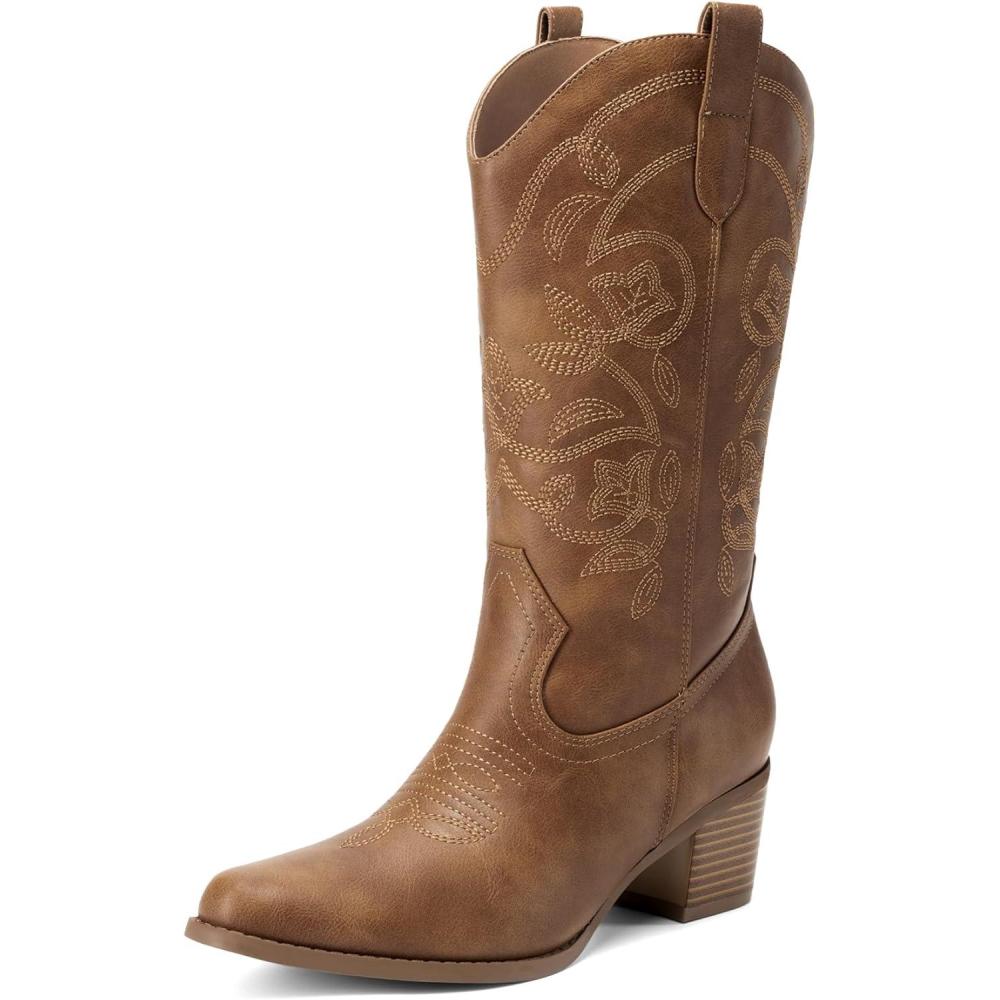 image:imageDREAM PAIRS Cowboy Boots for Women Cowgirl Western Boots Fashion Embroidery Stitched Chunky Heel Mid Calf BootsTan