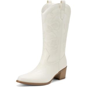 DREAM PAIRS Cowboy Boots for Women Cowgirl Western Boots Fashion Embroidery Stitched Chunky Heel Mid Calf Boots(All White)