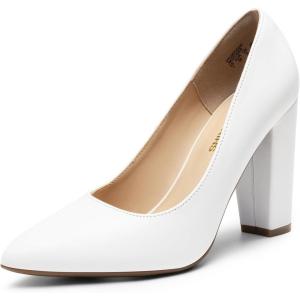 DREAM PAIRS Women’s High Chunky Block Heels Closed Pointed Toe Slip on Women Pumps Wedding Party Work Comfortable Dress Shoes for Women(White)