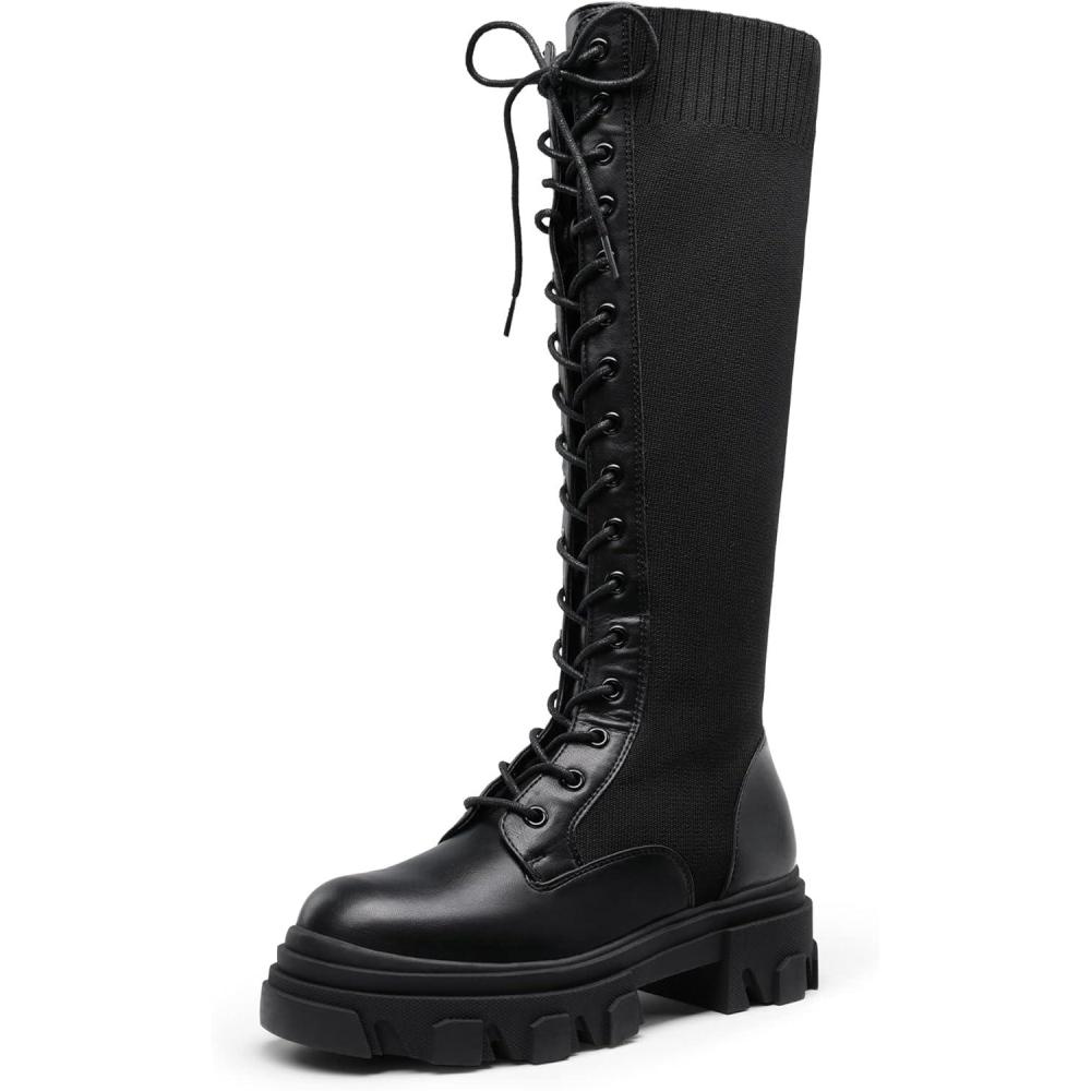 image:imageDREAM PAIRS Knee High Boots Women Fashion Combat Boots Chunky Platform Lace Up Lug Sole Boots For Women