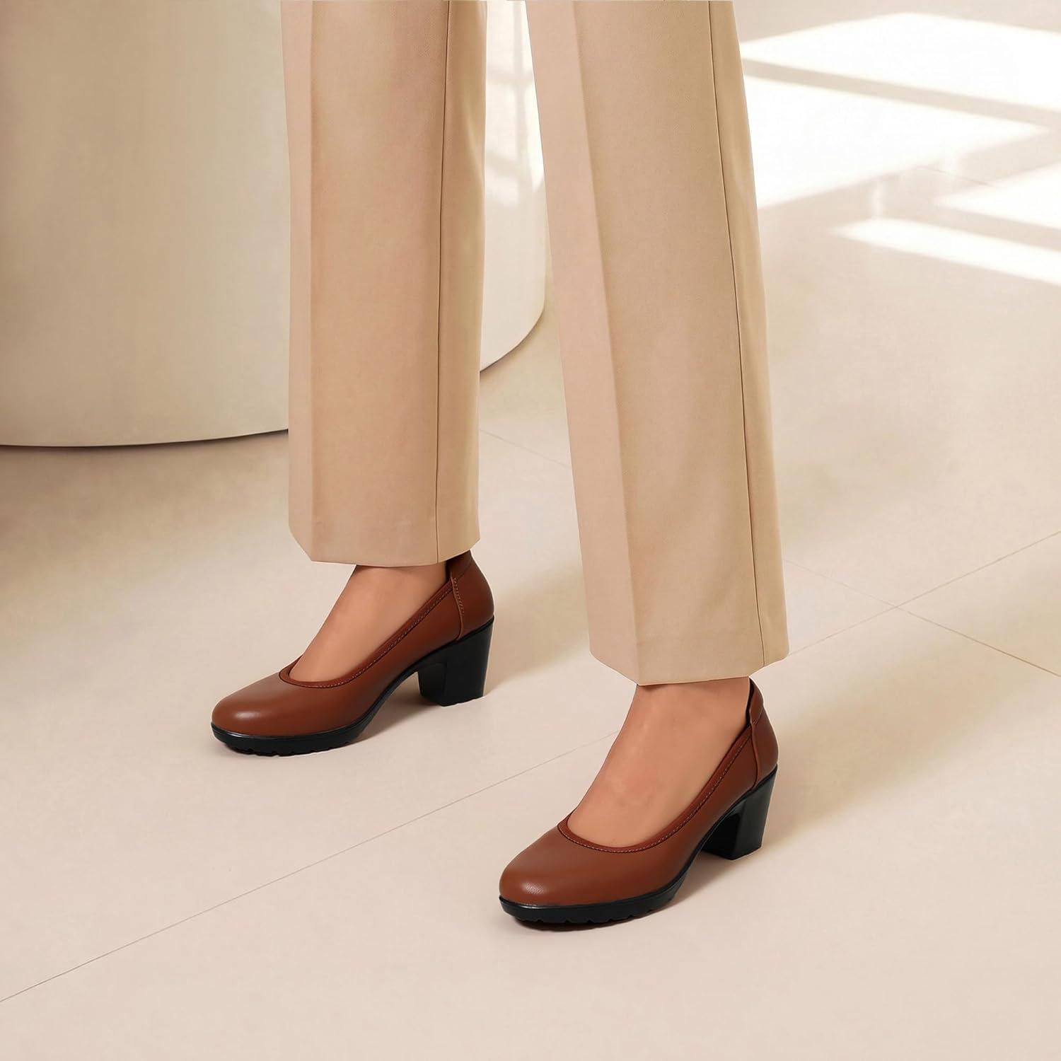 image:imageDREAM PAIRS Womens Chunky Closed Toe Low Block Heels Work Pumps Comfortable Round Toe Dress Wedding Shoes NereidaTan