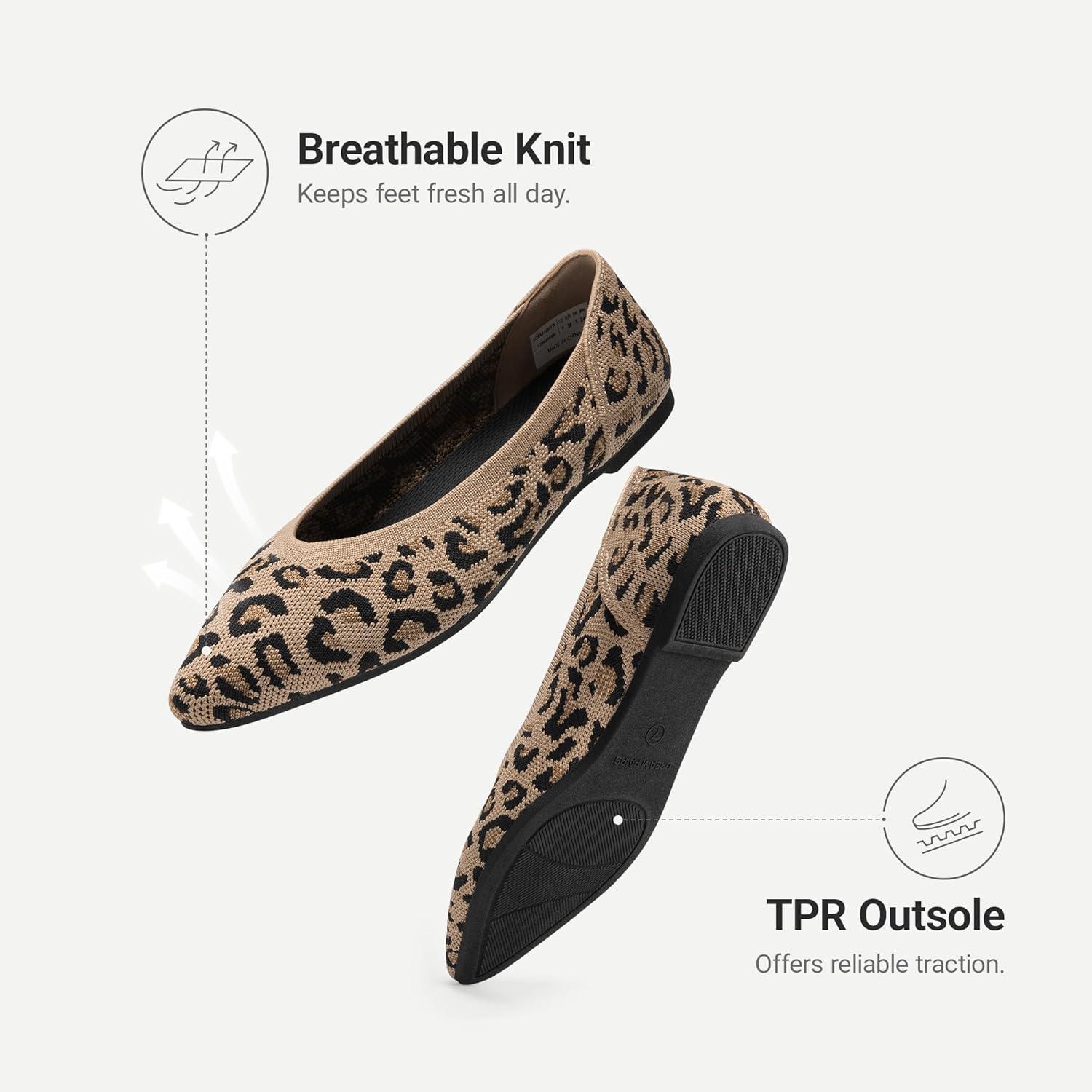 image:imageDREAM PAIRS Womens Knit Ballet Dressy Flats Comfortable Washable Flexible Breathable Casual Classic Work Office Walk Pointed Toe FlatsLeopard