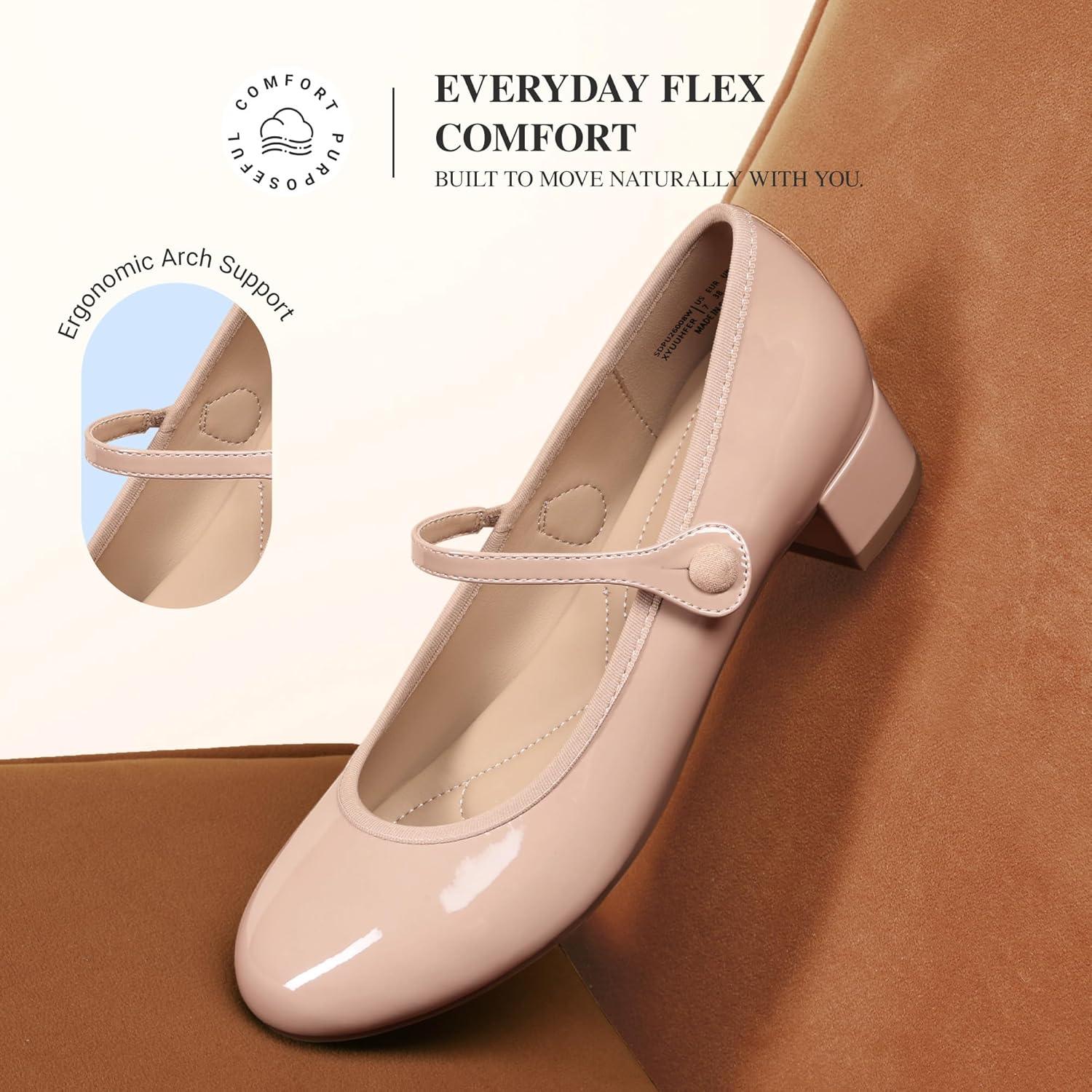 image:imageDREAM PAIRS Womens Mary Jane Chunky Low Heels Comfortable Slip on Dress Shoes for Women Closed Round Toe Casual Cute Work Pumps Flats ShoesNude