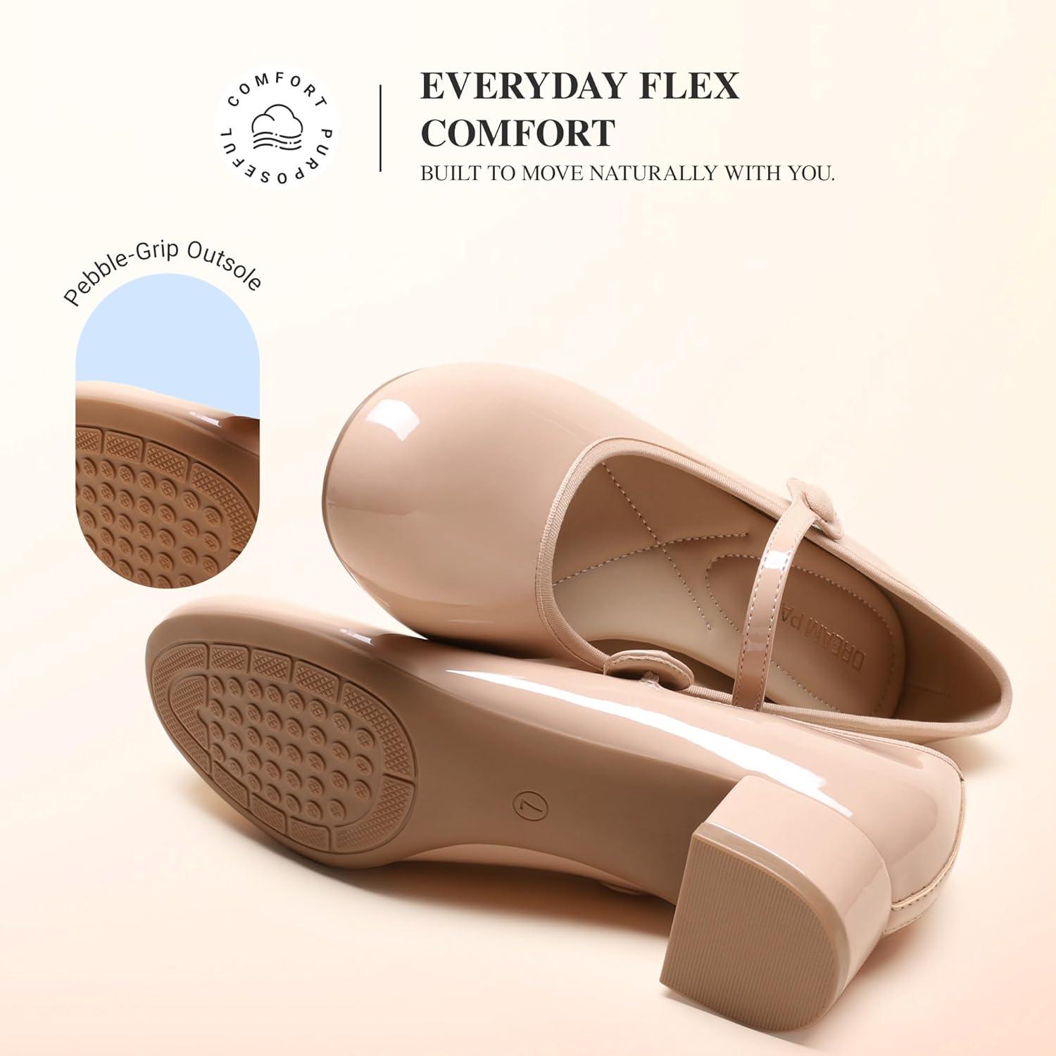 image:imageDREAM PAIRS Womens Mary Jane Chunky Low Heels Comfortable Slip on Dress Shoes for Women Closed Round Toe Casual Cute Work Pumps Flats ShoesNude