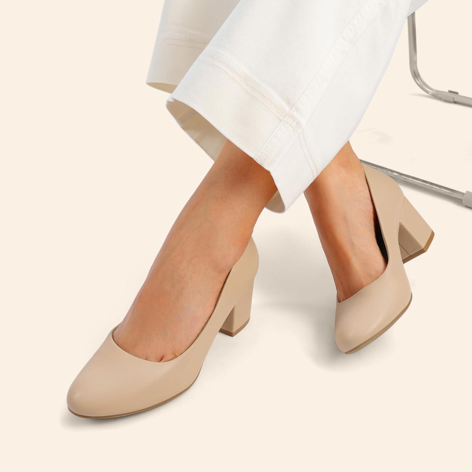 image:imageDREAM PAIRS Womens Pumps Low Chunky Block Heel Dress Shoes Closed Round Toe Comfortable HeelsNude