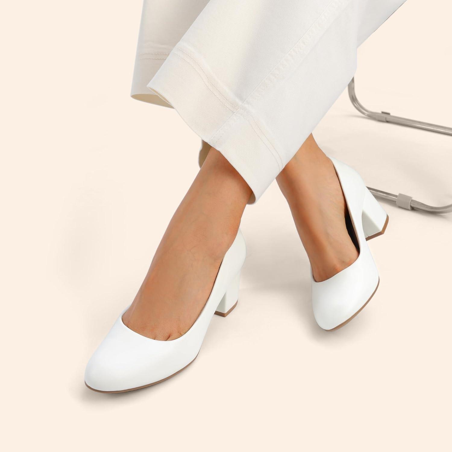 image:imageDREAM PAIRS Womens Pumps Low Chunky Block Heel Dress Shoes Closed Round Toe Comfortable HeelsWhite